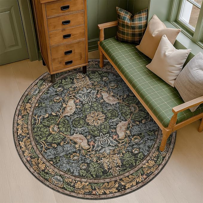 Hazo Haus Vintage 5ft Round Rug for Reading Corner, Bedroom, Farmhouse Dining Room, Soft Ultra-Thin Non-Slip Washable Rug, Forest Green Bird Floral Décor for Kitchen & Nursery