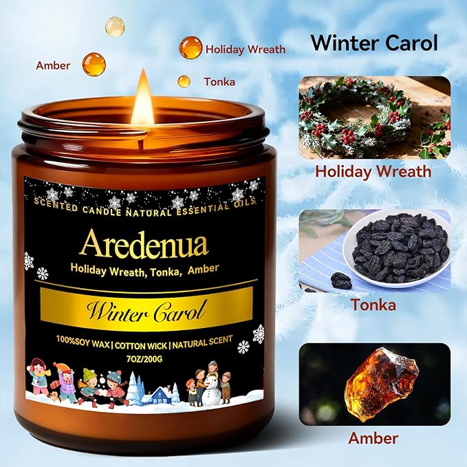 Winter Candles – Winter Carol Candle | Holiday Scented Candles | Christmas & Holiday Aromatherapy Gifts for Women Men, 7oz Soy Candles for Home Scented - 50H Clean & Long Lasting Burn