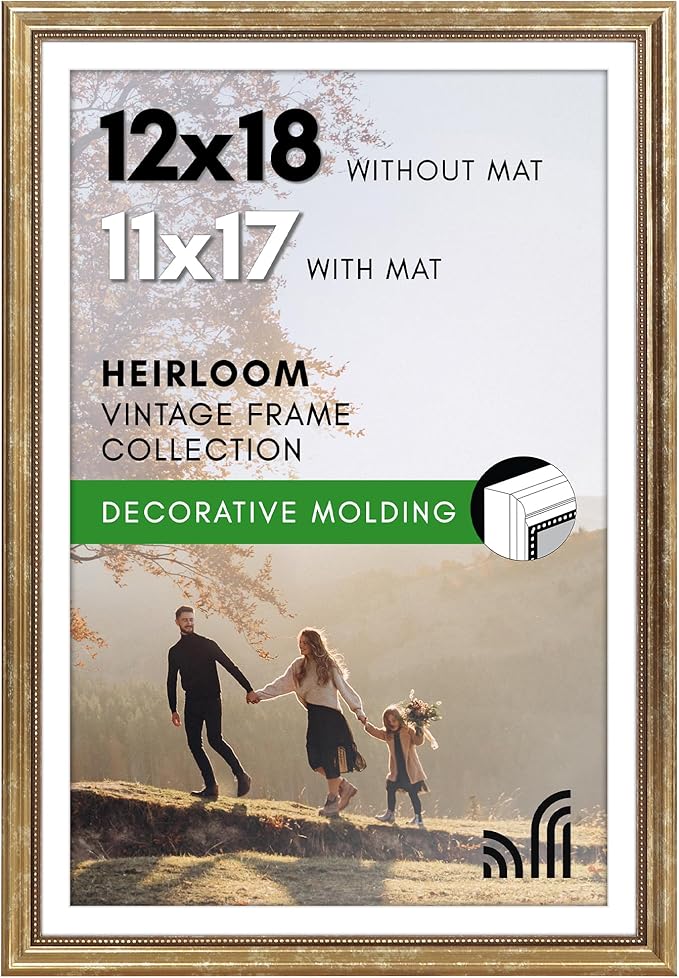 Americanflat Vintage Frames - 12x18 Poster Frame with Beaded Accents and Polished Plexiglass - Use as 11x17 Frame or Display 12x18 Photos Without Mat - Heirloom Collection - Wall Display - Gold