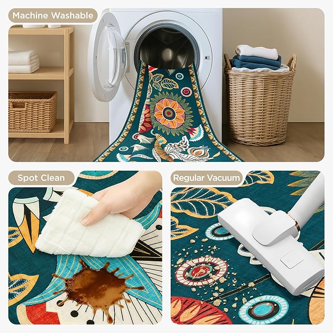 Joydeco Egypt Floral Boho Large Area Rugs for Living Room Nursery, Washable Dark Green Bedroom Rug 8x10 Under Bed, Vintage Non Slip Indoor Throw Carpet for Playroom Dining Room Dorm