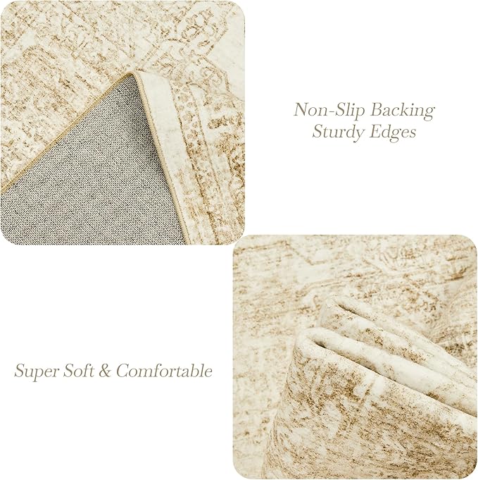 Soalmost Washable Area Rug 9x12, Large Soft Rugs for Living Room Vintage Beige Rug 9x12 Area Rugs for Bedroom Dining Room Floral Non-Slip Thin Rug