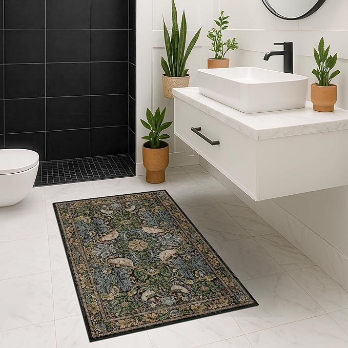 Washable Dark Vintage Floral Rugs for Entryway - Small 2x4 Runner Rug for Kitchen Bathroom Door Mat Indoor Entrance with Bird & Botanical Pattern, Brown Earthy Tones, Non Slip Low Pile