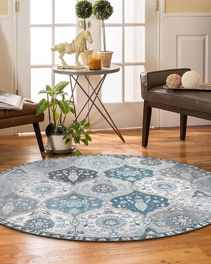 Lahome Moroccan Trellis Round Area Rugs, Washable Small Round Rug 3ft Non-Slip, Soft Vintage Ultra-Thin Circle Carpet for Bedroom Entryway Kitchen Laundry Bathroom Elise, Blue