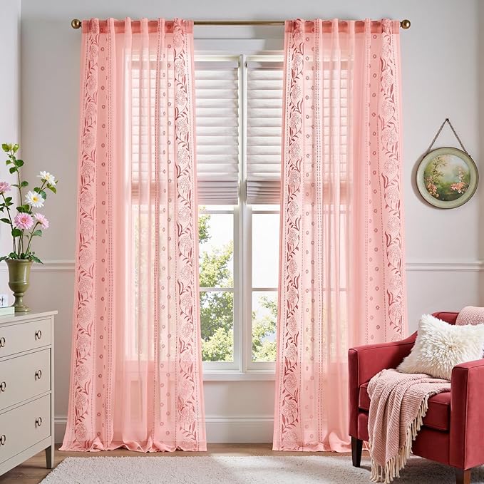 jinchan Winslow Sheer Curtains 96 Inch for Bedroom Living Room Embroidered Bordered Floral Nursery Curtains for Girls Room Light Filtering, 2 Panels, 50W x 96L