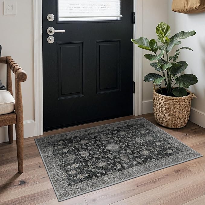 GENIMO Entryway Rug Floral Rug, 2x3 Washable Door Mat Non Slip, Thin Floor Rugs for Entryway Hallway Bathroom Laundry Room Corridor, Charcoal