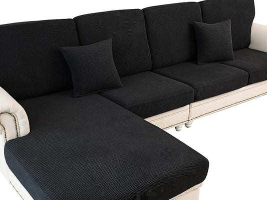 LA MEACK Couch Cushion Covers for Sectional Sofa L Shape Washable Separate Seat Chaise Couch Cover Stretch Sofa Slipcovers with 2 Pcs Pillowcases(2 Seater + 1 Chaise, Black)