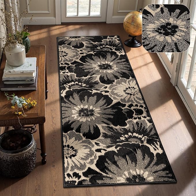 Findosom Hallway Runner Rug 2x6, Non Slip High-Low Textured Floral Washable Runner Rug with Rubber Backing, Boho Carpet Runner for Kitchen, Entryway, Bedroom, Laundry, Black & Beige