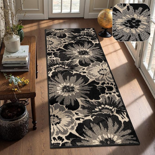 Findosom Hallway Runner Rug 2x6, Non Slip High-Low Textured Floral Washable Runner Rug with Rubber Backing, Boho Carpet Runner for Kitchen, Entryway, Bedroom, Laundry, Black & Beige