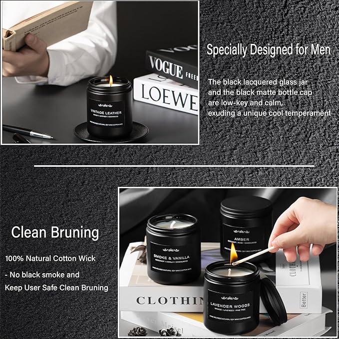 Scented Candles for Men - 42oz Soy Wax 300h Long Lasting Candle, Manly Scented Candles with Leather/Woods/Pine/Vanilla/Lavender/Amber -Mens Candle Gift Set for Birthday, Father's Day, Man Cave Decor