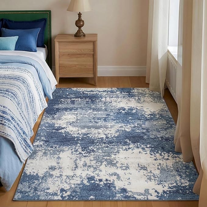 Entryway Rug 3x5 Blue Door Mat Indoor Entrance 36x60, Washable Small Throw Rugs for Kitchen Floor, Entry, Front Door, Bedroom Bedside, Non-Slip Low Pile Stain & Fade Resistant, Abstract Navy
