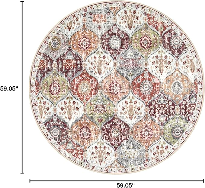 Lahome Moroccan Trellis Washable Round Area Rug, Round Rug 5ft Soft Non-Slip, Non-Shedding Distressed Circle Carpet for Bedroom Living Room Bathroom Nursery Elise, Orange/Terracotta