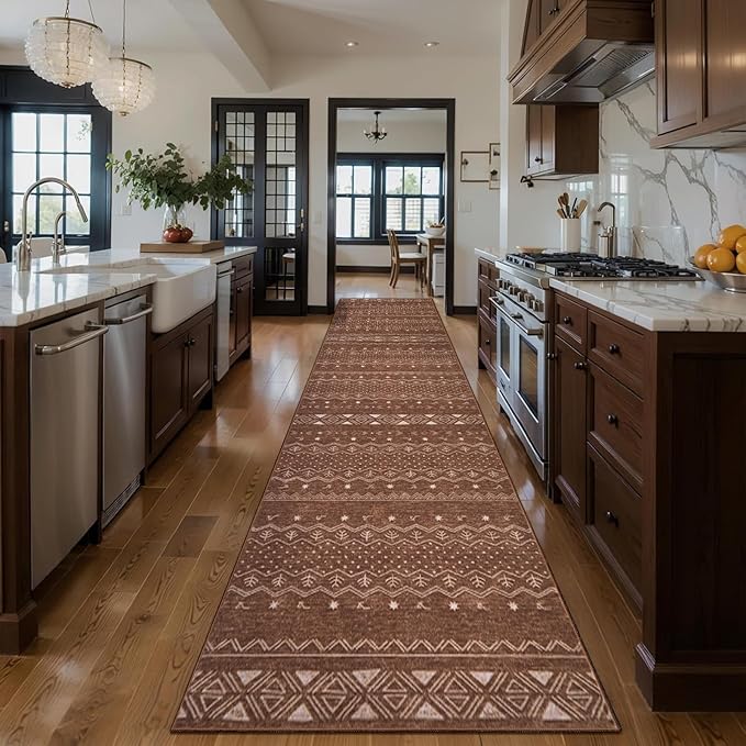 SERISSA Hallway Runner Rug, 2x10 Washable Non-Slip Coffee Brown Boho Rug, Soft Low-Pile Geometric Indoor Long Carpet for Kitchen Laundry Room Bathroom Bedroom Entryway Stair