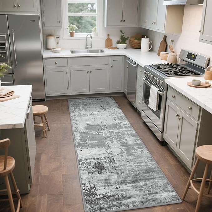 HOMORE 2x8 Runner Rug for Kitchen Hallways Runners Rugs,Grey Long Rug Non Slip Washable Rugs for Entrway Soft Abstract Carpet for Entrance Bedroom Living Room Bathroom