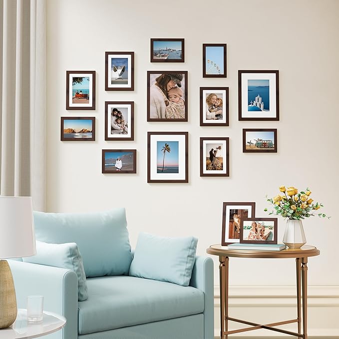 Vittanly 15 Pack Picture Frames Collage Wall Decor for Mounting or Tabletop Display, Gallery Frame Set for Family, Multi Sizes Including 3pcs 8x10, 6pcs 5x7, 6pcs 4x6, Light Brown