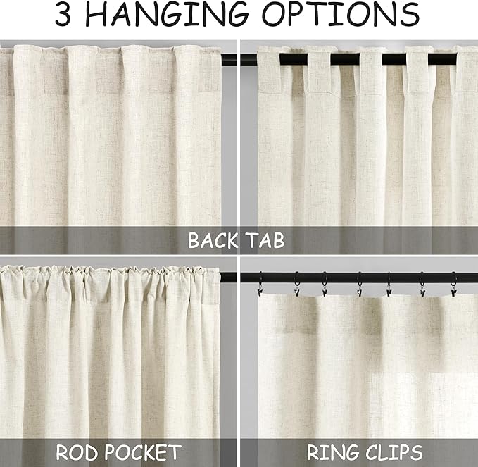 Nanspring Warm Beige Linen Curtains 72 Inch Length for Living Room Semi Sheer Light Filtering Door Drapes 2 Panels Set for Kids Bedroom Light Filtering Back Tab Rod Pocket Modern Farmhouse Decor 52x72
