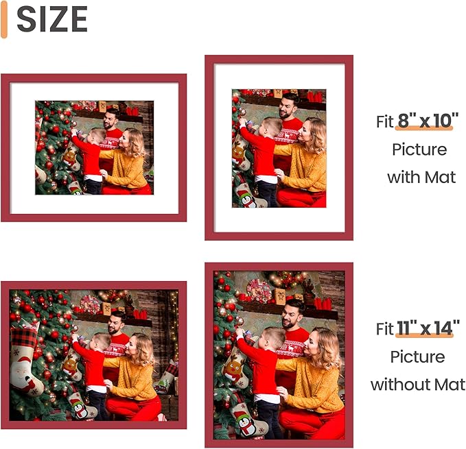 upsimples 11x14 Picture Frame, Display Pictures 8x10 with Mat or 11 x 14 Without, Wall Hanging Photo Frames, Red, 1 Pack