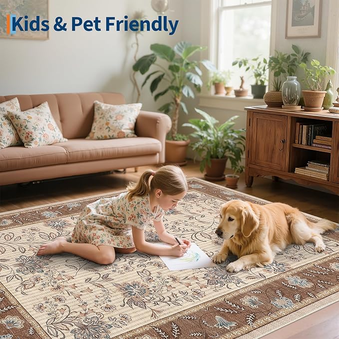 GarveeHome Large Area Rugs 9x12 for Living Room, Brown Washable Rug Soft Non Slip Backing Country Mat Carpet Indoor Botanical Floral Rug for Bedroom Dining Room Playroom Nursery Room