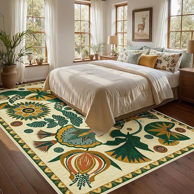 Joydeco Egypt Floral Boho 8x10 Area Rugs for Bedroom Aesthetic, Washable Vintage Living Dining Room Rug Non Slip, Beige Large Indoor Throw Carpet for Playroom Nursery Dorm Classroom