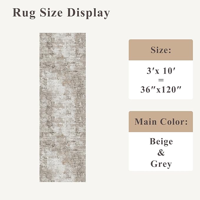 3x10 Ft Long Hallway Runner Rug - Non-Slip Washable Kitchen Runner Rug with Rubber Backing | Modern Abstract Wide Floor Carpet Runner for Indoor Entryway, Bedroom, Living Room, Beige/Grey/Brown