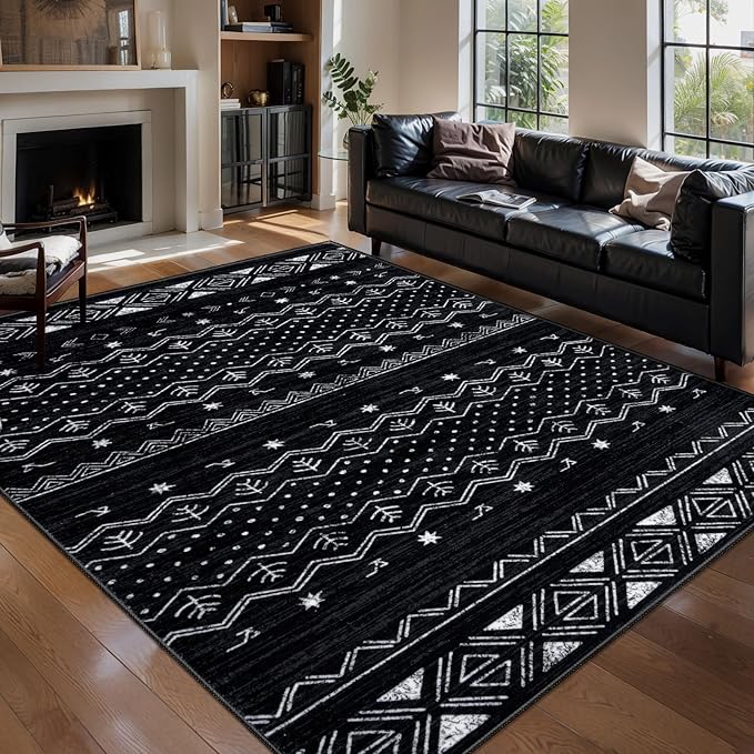SERISSA 5x7 Area Rugs for Living Room, Washable Non-Slip Black and White Boho Rug, Soft Low-Pile Geometric Indoor Large Carpet for Dining Room Bedroom Home Office Playroom