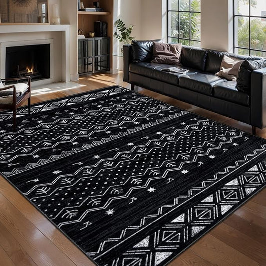 SERISSA 5x7 Area Rugs for Living Room, Washable Non-Slip Black and White Boho Rug, Soft Low-Pile Geometric Indoor Large Carpet for Dining Room Bedroom Home Office Playroom