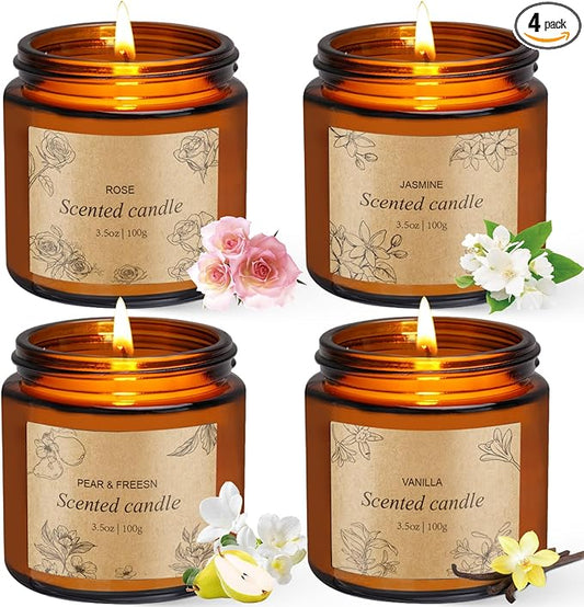 4 Packs Candles for Home Scented, Scented Candles Gifts for Women, Natural Soy Wax Amber Jar Candle, Long Lasting Aromatherapy Candle Gift Set for Birthday Valentine's Day Mother's Day