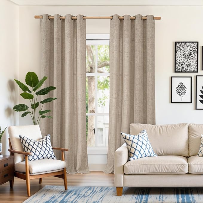 YoungsTex 90 Inches Long Linen Semi Sheer Curtains for Living Room, Oatmeal Light Filtering Drapes with Bronze Grommet Rustic Floor Length for Bedroom Dining Room, 2 Panels, 52 X 90 Inch