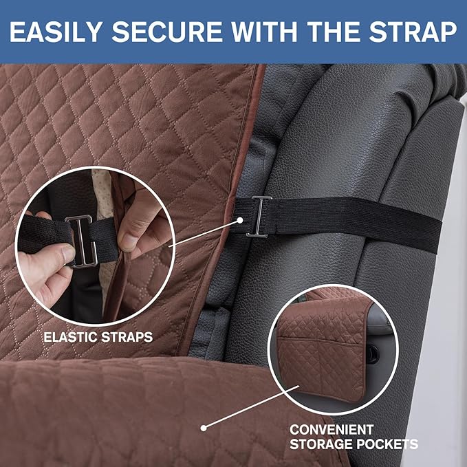XINEAGE Water Resistant Recliner Cover, Nonslip Recliner Chair Covers for Reclining Chair with Pockets, Quilted Thick Recliner Slipcovers for Pets and Kids (Recliner Chair, Coffee)