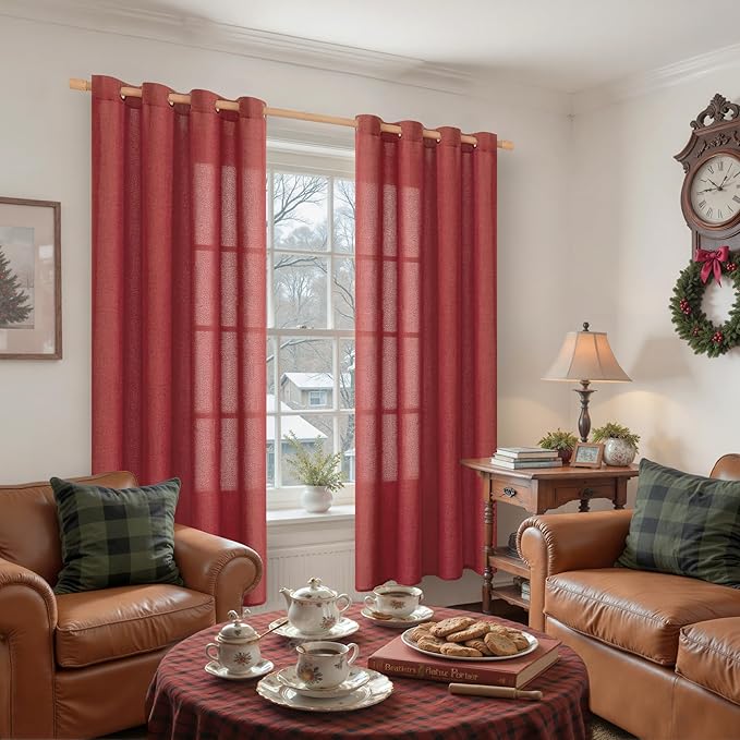 YoungsTex Burgundy Red Linen Curtains 72 Inch Length for Living Room, Light Filtering Window Drapes with Bronze Grommet Privacy for Dining Bedroom, 52 x 72 Inch, 2 Panels
