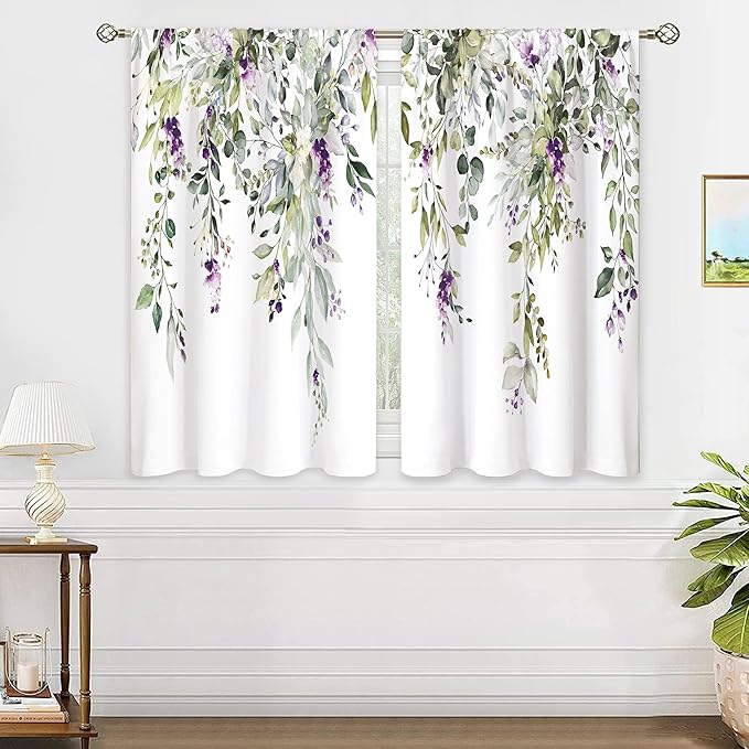 Purple Flower Sage Eucalyptus Botanical Leaves Floral Window Curtains Farmhouse Leaf Rod Pocket Sage Green Curtain Drapes Curtains for Bedroom Living Room Treatment 2 Panels 42Wx45H Inch