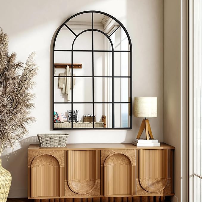 24"×36" Windowpane Arched Wall Mirror, Grid-Designed Decorative Farmhouse Wall Mounted Mirror with Metal Frame Hanging Leaning for Entryway, Living Room, Home Decor, Black