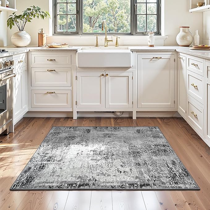 Entryway Rug 3x4 Grey Bedroom Area Rug Washable Non Slip Abstract Boho Rugs for Indoor Entry, Kitchen, Classroom, Bathroom, Kids Girls Room, Office, College Dorm Small Carpet