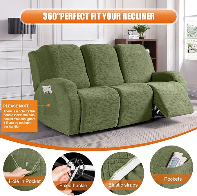 VANSOFY Recliner Sofa Covers, 3-Pieces Stretch Reclining Couch Covers with Pockets Reclining Couch Slipcovers 3 Seater Soft Washable Furniture Protector for Dogs Cats(Army Green)