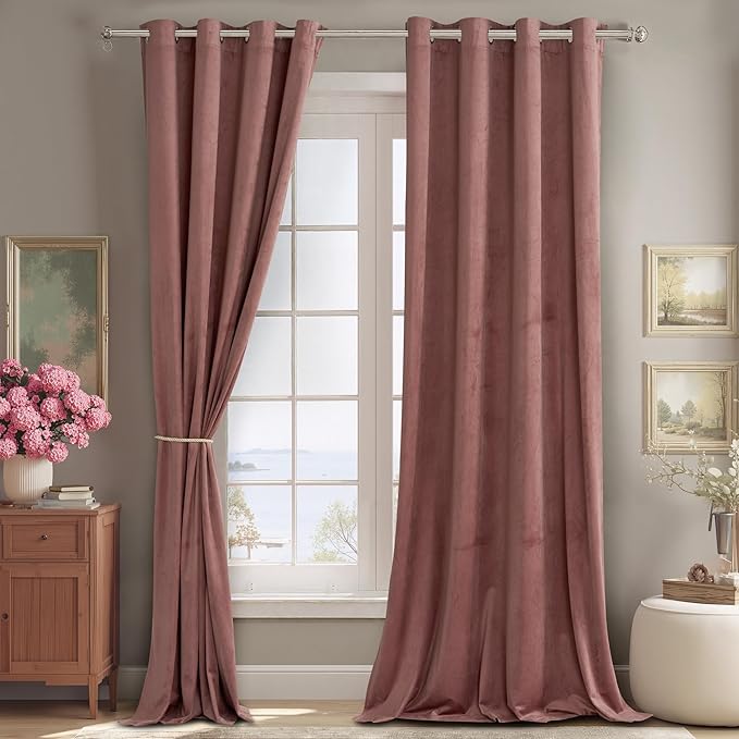 StangH Velvet Curtains 96 inches Long - Room Darkening Window Drapes for Living Room, Elegant Wild Rose Grommet Thermal Insulated Curtains for Nursery Kids/Office, W52 x L96, 2 Panels