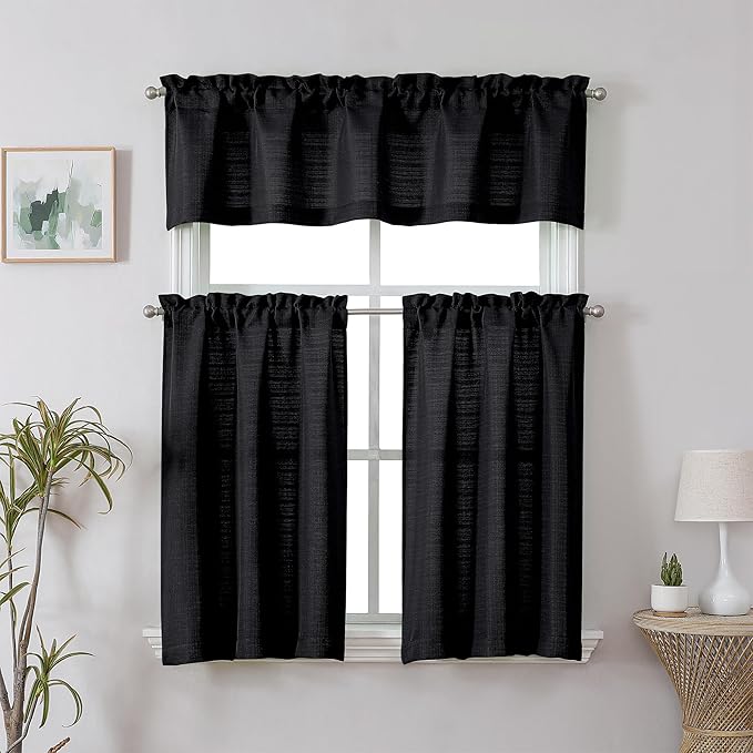 Chyhomenyc Black Faux Linen Textured Small Cafe Curtains, 30x30 Inch, Light Filtering Short Bathroom Curtains, 2PCS