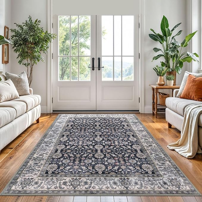 KUTA 5x7 Area Rugs, Vintage Washable Rugs for Living Room Grey Black Beige Ultra Thin Soft Non-Slip Printed Distressed Traditional Farmhouse Carpet for Bedroom Dining Room Dorm Office Home