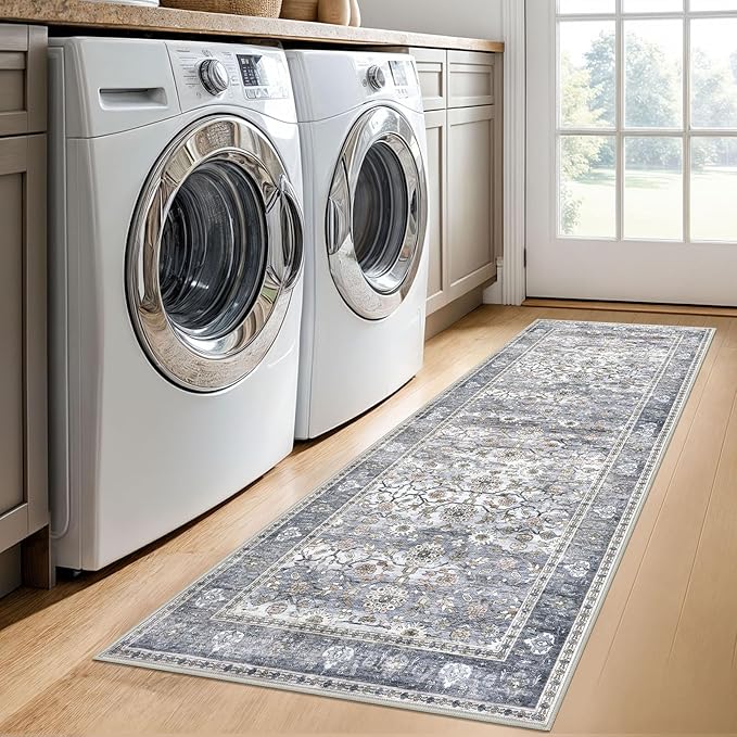 KUTA Vintage Floral Washable Hallway Runner, 2x6 Runners for Hallways Non-Slip Kitchen Rugs Grey Blue Ultra Thin Soft Printed Distressed Oriental Floor Carpet for Laundry Bedroom Living Room Nursery