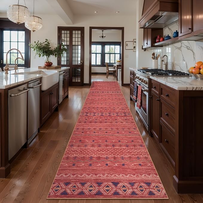 SERISSA Hallway Runner Rug, 2x10 Washable Non-Slip Red Ochre Runners for Hallways, Soft Low-Pile Boho Geometric Indoor Long Carpet for Kitchen Entryway Laundry Bedroom Bathroom