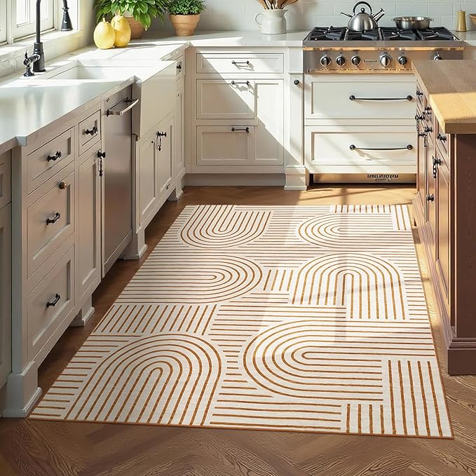 ROYHOME Washable Rug 3x5 Area Rugs for Living Room, Abstract Rug for Bedroom, Soft Rainbow Non Slip Throw Rugs with Rubber Back, Low Pile Stain Resistant Boho Geometric Carpet for Dining Room, Orange