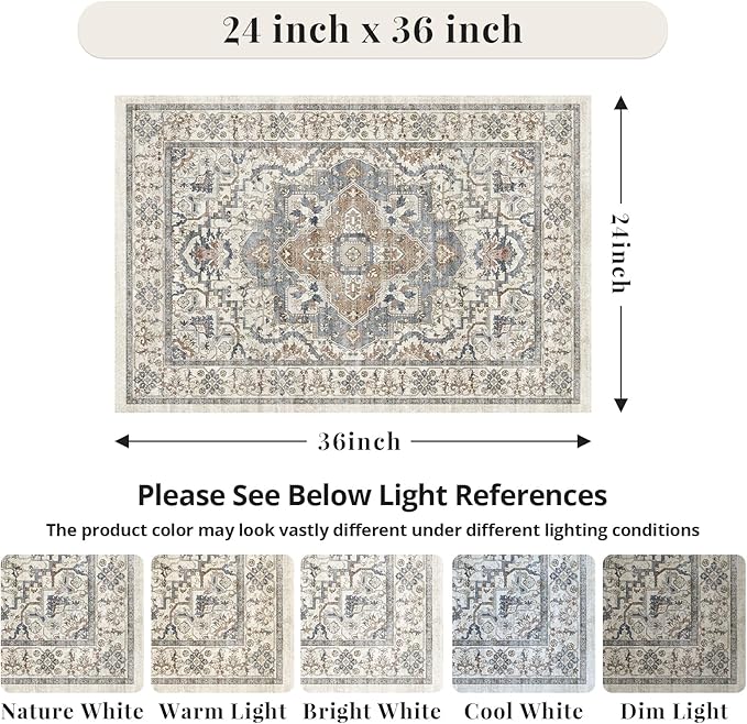 Washable Entryway Runner Rug - 2x3 Kitchen Rug Distressed Low Pile Mats Non Slip Soft Rugs for Dining Room with Rubber Backing Bedroom Runner with Vintage Design (Beige/Blue 2x3)