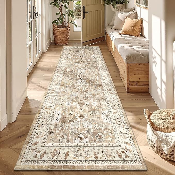 LOKHOM Washable Runner Rug, 3x8 Non-Slip Vintage Hallway Runner Rug with Rubber Backing, Boho Floral Soft Distressed Kitchen Rugs Floor Carpet Runner for Laundry Entrance Bedroom (Beige Brown)