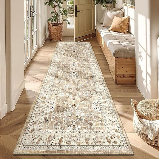 LOKHOM Washable Runner Rug, 3x8 Non-Slip Vintage Hallway Runner Rug with Rubber Backing, Boho Floral Soft Distressed Kitchen Rugs Floor Carpet Runner for Laundry Entrance Bedroom (Beige Brown)