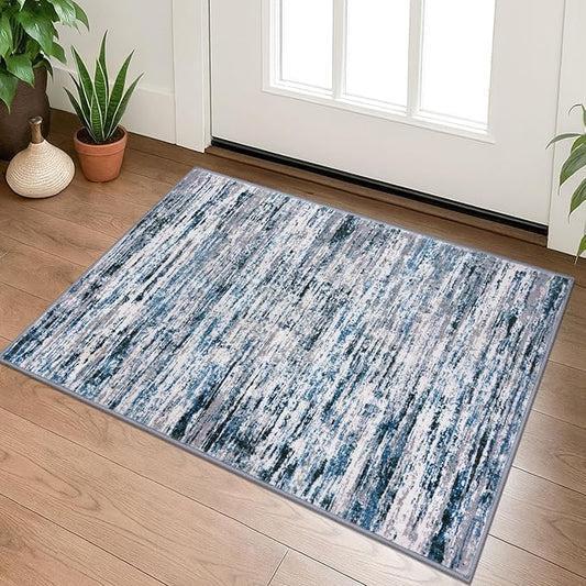 Lansny Modern Abstract Entryway Rug Indoor 2x3 Washable Rug Non-Slip Soft Small Area Rug Grey Blue White Kitchen Mats Thin Print Faux Wool Floor Carpet Throw Rugs for Entrance Bedroom Home Decor