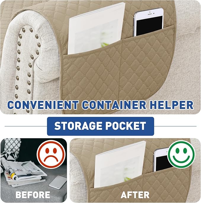 XINEAGE Quilted Sofa Cover Waterproof Couch Covers for 3 Cushion Couch, Super Soft Washable Slipcover with Pockets & Non-Slip Elastic Straps, Thick Furniture Protector (Sofa, Khaki)