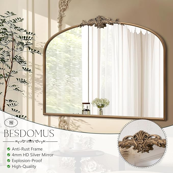 Besdomus Vintage Arched Gold Mirror: 40"x29" French Large Matt Gold Antique Wall Mounted Mirror - Baroque Traditional Ornate for Entryway/Fireplace/Bathroom/Hallway - Home Decor for Fashion-Conscious