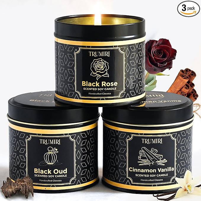 Candle Gift Set of 3 Black Oud|Cinnamon Vanilla|Black Rose Strong Scented Soy Candels Clean Non Toxic Velas Aromáticas Favors for Women Coworkers Friends Guests Also for Diwali Christmas Holidays
