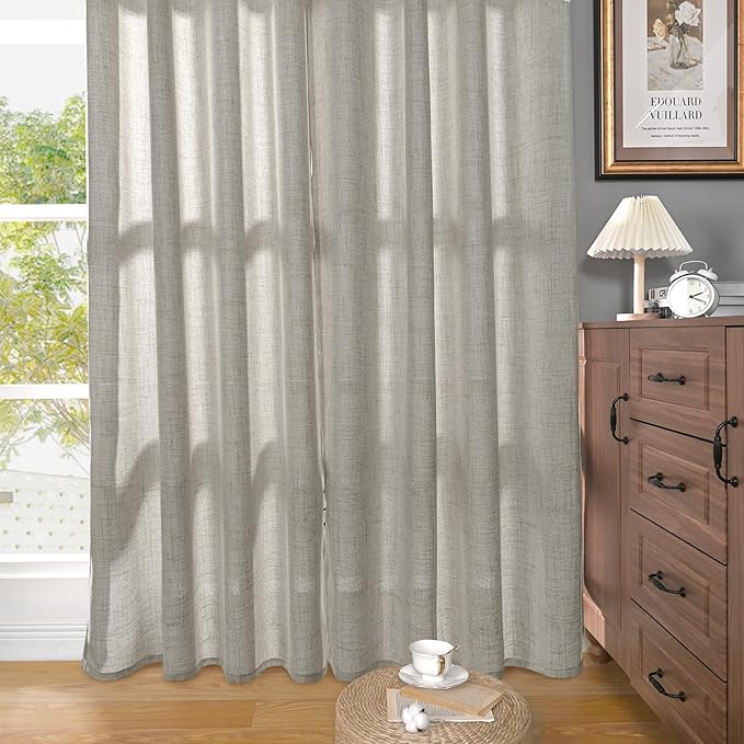 YoungsTex Dark Grey Linen Curtains 48 Inch Length for Short Window, Light Filtering Semi Sheer Drapes with Bronze Grommet for Living Room Bathroom Bedroom, 2 Panels, 42 X 48 Inch