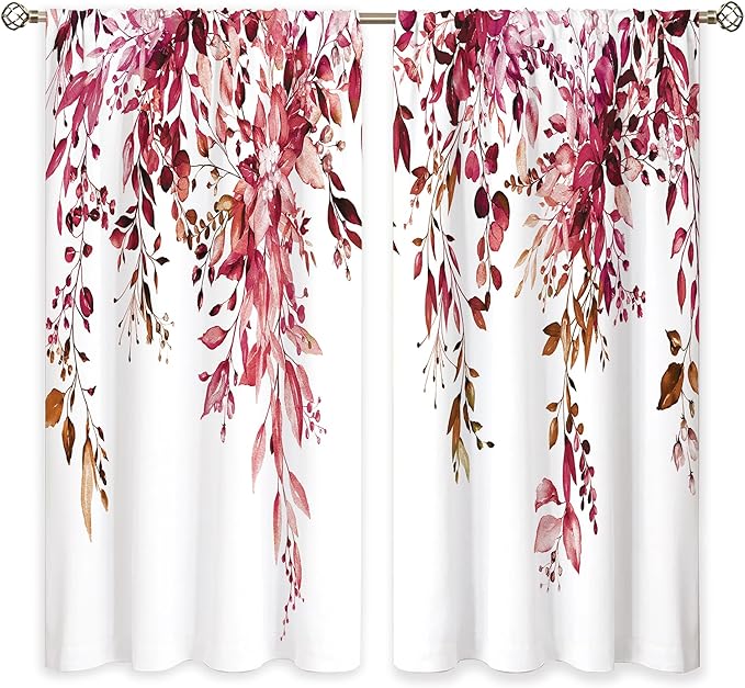 Burgundy Eucalyptus Leaves Window Curtains Rustic Watercolor Red Flower Floral Plant Botanical Farmhouse Curtain Drapes Herb Curtains for Bedroom Living Room Treatment 2 Panels 29Wx63H Inch