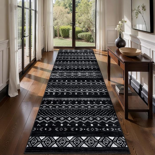 SERISSA Hallway Runner Rug, 2x10 Washable Non-Slip Black and White Runners for Hallways, Soft Low-Pile Boho Geometric Indoor Long Carpet for Kitchen Entryway Laundry Bedroom Bathroom
