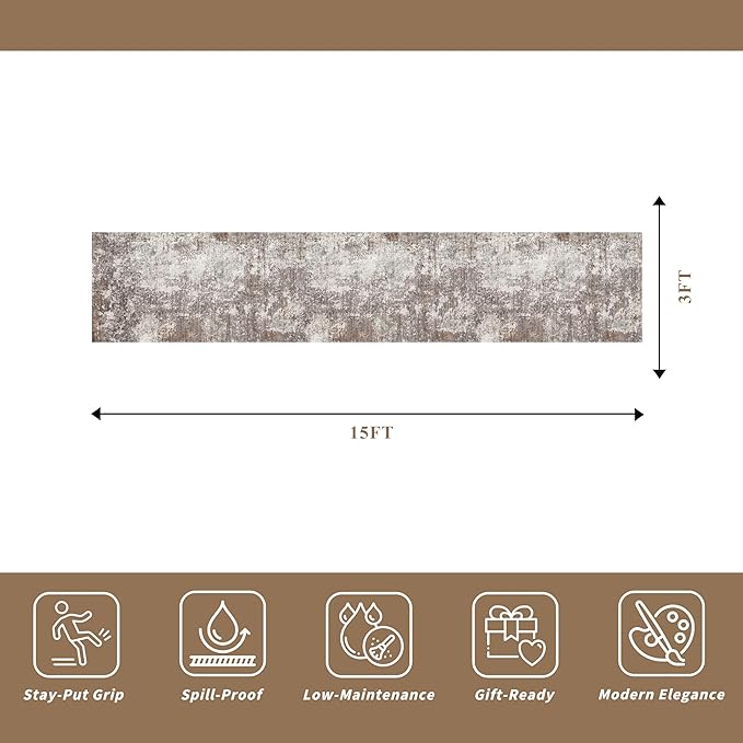3x15 Ft Long Hallway Runner Rug – Non-Slip Washable Wide Kitchen Runner | Modern Abstract Floor Carpet for Indoor Entryway, Bedroom, Living Room (Brown Beige,3x15)